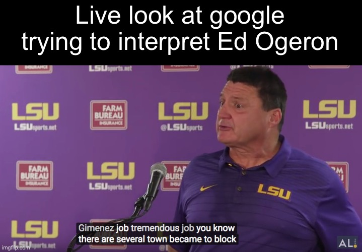 SEC meme number 3 | Live look at google trying to interpret Ed Ogeron | image tagged in lsu,tiger,closed,caption this | made w/ Imgflip meme maker