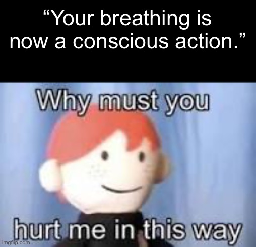 You will now control your breathing consciously | “Your breathing is now a conscious action.” | image tagged in why must you hurt me in this way,get rekt,im half sorry | made w/ Imgflip meme maker