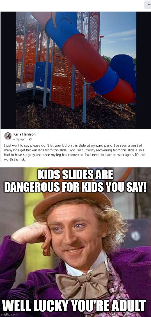 Kids slides are dangerous ! | KIDS SLIDES ARE DANGEROUS FOR KIDS YOU SAY! WELL LUCKY YOU'RE ADULT | image tagged in memes,creepy condescending wonka,tasmania,kids slides,australia,dumb | made w/ Imgflip meme maker