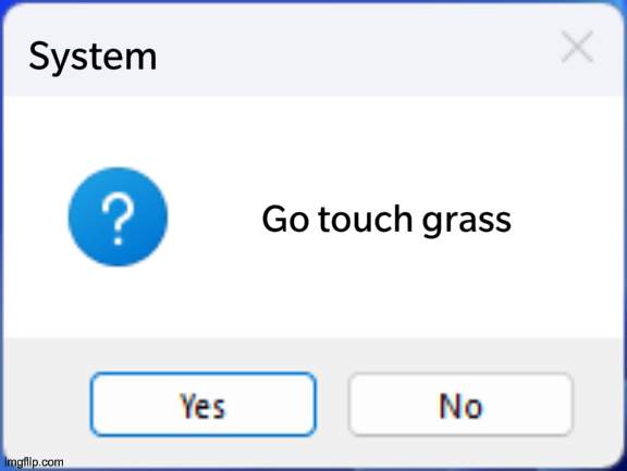 touch grasses. | System; Go touch grass | image tagged in windows 11 error creator with question mark | made w/ Imgflip meme maker