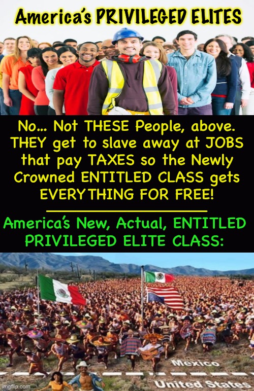 The Favored, the Esteemed Class, in America | America’s PRIVILEGED ELITES; No… Not THESE People, above.
THEY get to slave away at JOBS
that pay TAXES so the Newly
Crowned ENTITLED CLASS gets
EVERYTHING FOR FREE!
————————————————; America’s New, Actual, ENTITLED
PRIVILEGED ELITE CLASS: | image tagged in memes,real americans dont count,just the newcomers,fjbs chosen,all u progressive leftist fjb voters kissmyass | made w/ Imgflip meme maker