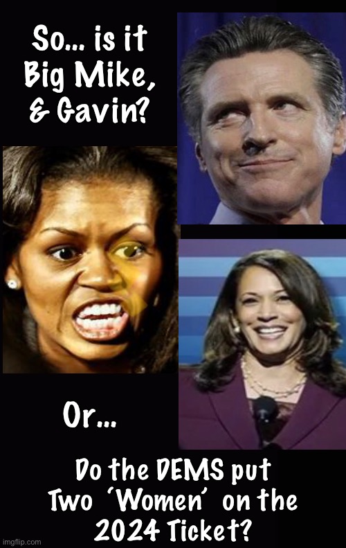 FJB won’t get to the finish line. | So… is it
Big Mike,
& Gavin? Or…; Do the DEMS put
Two  ‘Women’  on the
2024 Ticket? | image tagged in memes,obamas fourth term,usa will be done finito adios,dems sure did fuk up a great country,fjb voters can kissmyass | made w/ Imgflip meme maker