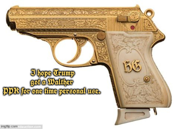 Trump's bunker blaster | image tagged in nra trump,walther ppk,guns,pistol,gun shop,maga | made w/ Imgflip meme maker