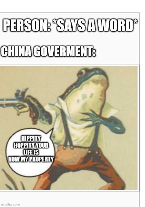 Me when... | PERSON: *SAYS A WORD*; CHINA GOVERMENT:; HIPPITY HOPPITY YOUR LIFE IS NOW MY PROPERTY | image tagged in hippity hoppity blank,china | made w/ Imgflip meme maker