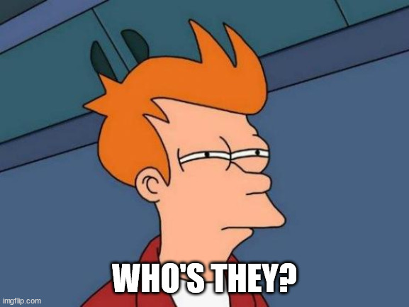 Futurama Fry Meme | WHO'S THEY? | image tagged in memes,futurama fry | made w/ Imgflip meme maker