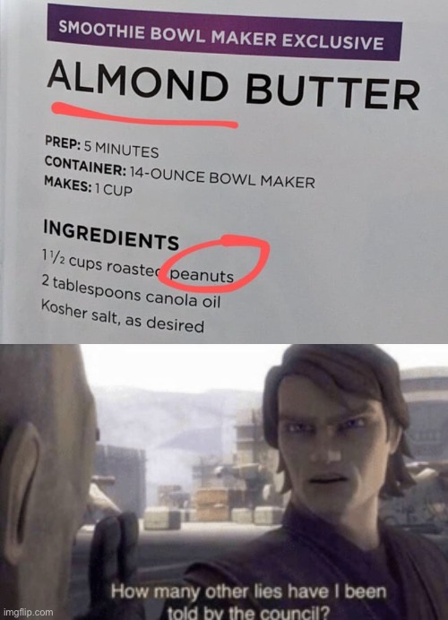 Almond butter | image tagged in how many other lies have i been told by the council,butter,almond,peanuts | made w/ Imgflip meme maker