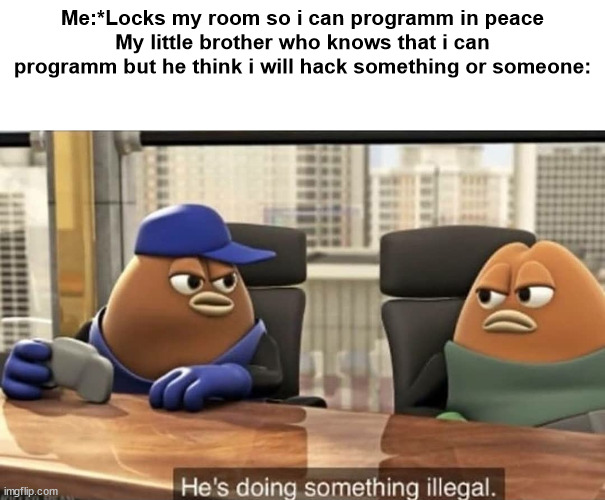 He's doing something illegal | Me:*Locks my room so i can programm in peace
My little brother who knows that i can programm but he think i will hack something or someone: | image tagged in he's doing something illegal | made w/ Imgflip meme maker