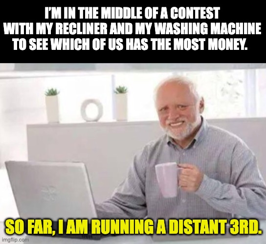 Economics | I’M IN THE MIDDLE OF A CONTEST WITH MY RECLINER AND MY WASHING MACHINE TO SEE WHICH OF US HAS THE MOST MONEY. SO FAR, I AM RUNNING A DISTANT 3RD. | image tagged in harold | made w/ Imgflip meme maker