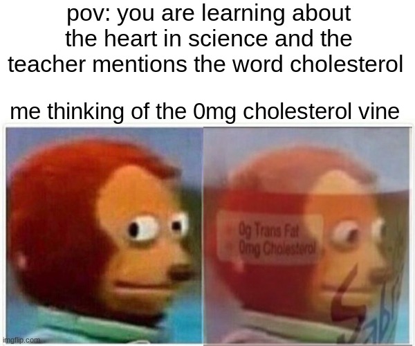 science meme | pov: you are learning about the heart in science and the teacher mentions the word cholesterol; me thinking of the 0mg cholesterol vine | image tagged in memes,monkey puppet | made w/ Imgflip meme maker