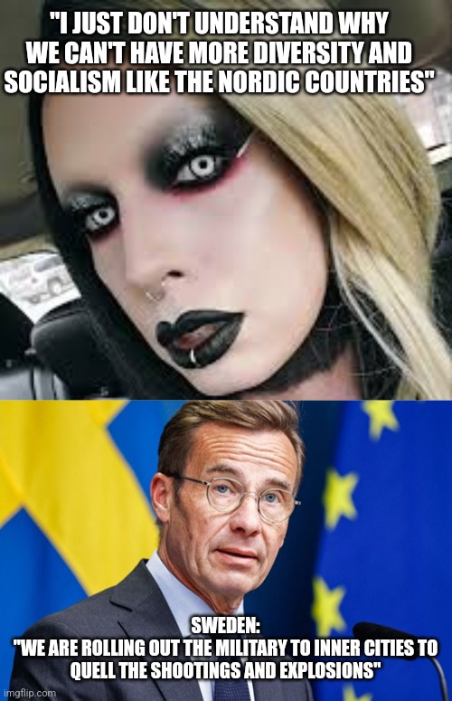 "I JUST DON'T UNDERSTAND WHY WE CAN'T HAVE MORE DIVERSITY AND SOCIALISM LIKE THE NORDIC COUNTRIES"; SWEDEN:
"WE ARE ROLLING OUT THE MILITARY TO INNER CITIES TO QUELL THE SHOOTINGS AND EXPLOSIONS" | image tagged in funny memes | made w/ Imgflip meme maker