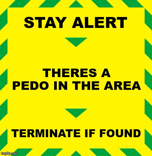 Stay Alert | STAY ALERT THERES A PEDO IN THE AREA TERMINATE IF FOUND | image tagged in stay alert | made w/ Imgflip meme maker