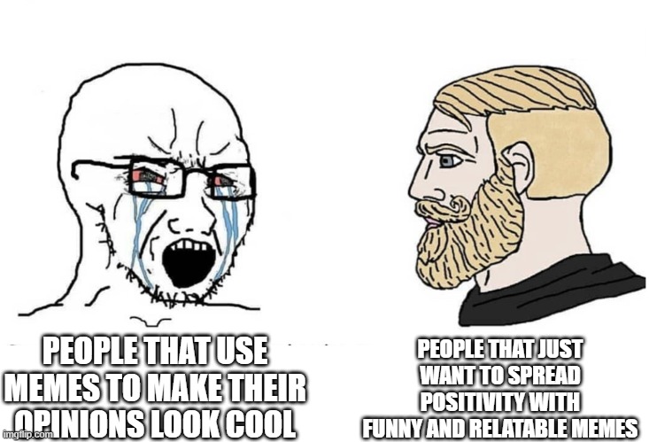 Soyboy Vs Yes Chad | PEOPLE THAT JUST WANT TO SPREAD POSITIVITY WITH FUNNY AND RELATABLE MEMES; PEOPLE THAT USE MEMES TO MAKE THEIR OPINIONS LOOK COOL | image tagged in soyboy vs yes chad | made w/ Imgflip meme maker