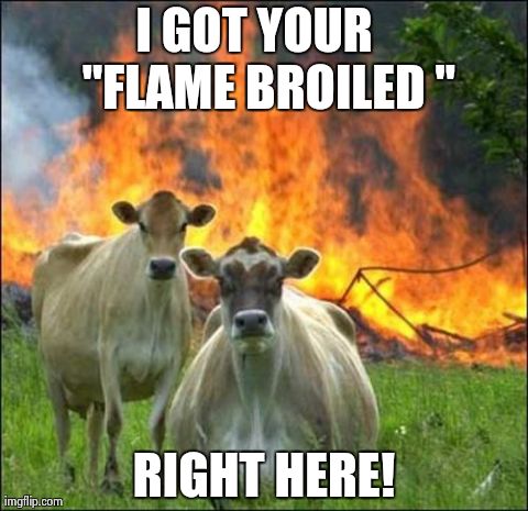 You like it how? | I GOT YOUR   "FLAME BROILED " RIGHT HERE! | image tagged in memes,evil cows | made w/ Imgflip meme maker