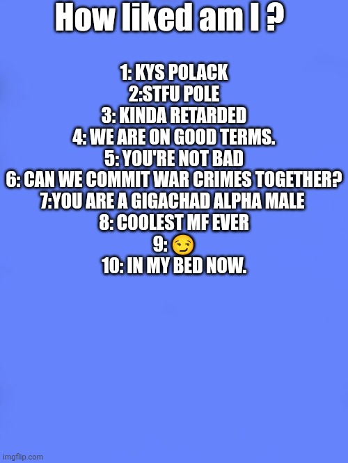 Custom BSOD | How liked am I ? 1: KYS POLACK
2:STFU POLE
3: KINDA RETARDED
4: WE ARE ON GOOD TERMS.
5: YOU'RE NOT BAD
6: CAN WE COMMIT WAR CRIMES TOGETHER?
7:YOU ARE A GIGACHAD ALPHA MALE 
8: COOLEST MF EVER
9: 😏
10: IN MY BED NOW. | image tagged in custom bsod | made w/ Imgflip meme maker