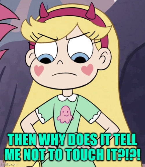 Star Butterfly | THEN WHY DOES IT TELL ME NOT TO TOUCH IT?!?! | image tagged in star butterfly | made w/ Imgflip meme maker