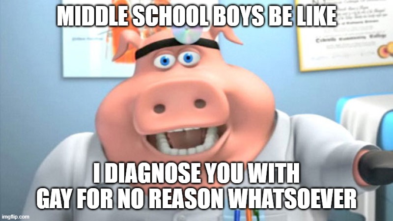 this happens alot in sixth grade | MIDDLE SCHOOL BOYS BE LIKE; I DIAGNOSE YOU WITH GAY FOR NO REASON WHATSOEVER | image tagged in i diagnose you with dead,middle school | made w/ Imgflip meme maker