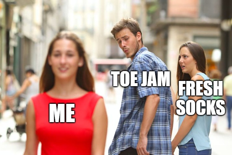 Distracted Boyfriend | TOE JAM; FRESH SOCKS; ME | image tagged in memes,distracted boyfriend | made w/ Imgflip meme maker