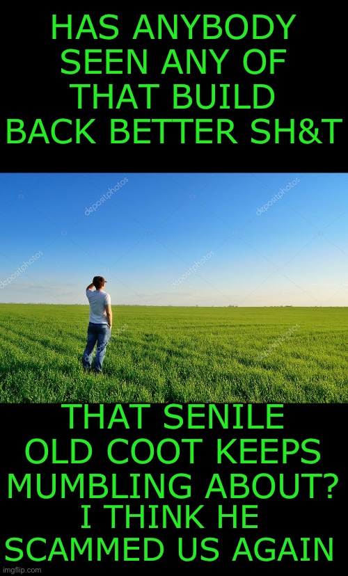 Yep got us agian | HAS ANYBODY SEEN ANY OF THAT BUILD BACK BETTER SH&T; THAT SENILE OLD COOT KEEPS MUMBLING ABOUT? I THINK HE SCAMMED US AGAIN | image tagged in slow joe,democrats | made w/ Imgflip meme maker