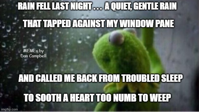 Kermit rain | RAIN FELL LAST NIGHT . . .  A QUIET, GENTLE RAIN; THAT TAPPED AGAINST MY WINDOW PANE; MEMEs by Dan Campbell; AND CALLED ME BACK FROM TROUBLED SLEEP; TO SOOTH A HEART TOO NUMB TO WEEP | image tagged in kermit rain | made w/ Imgflip meme maker