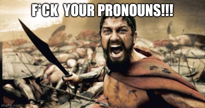 Sparta Leonidas Meme | F*CK  YOUR PRONOUNS!!! | image tagged in memes,sparta leonidas | made w/ Imgflip meme maker