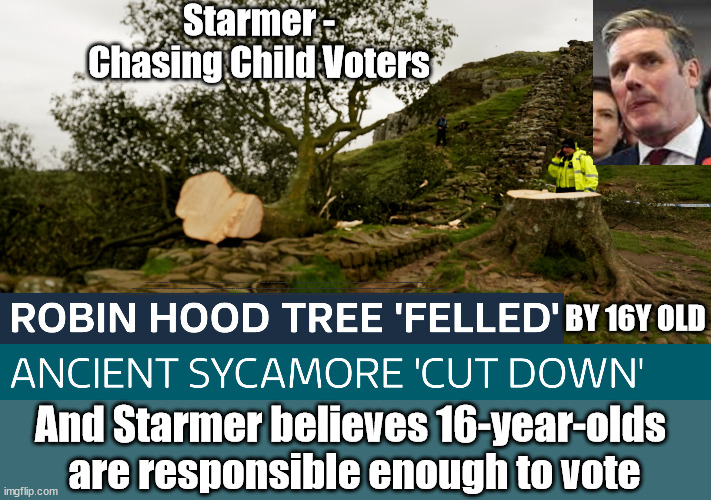 Starmer - Robin Hood Tree - Sycamore Gap - Child voters | Starmer -
Chasing Child Voters; Starmer's desperate for votes 16's old enough to vote; Can't Trust Starmer; Starmer 'Paedo'; Starmer to Betray Britain . . . #Burden Sharing #Quid Pro Quo #100,000; #Immigration #Starmerout #Labour #wearecorbyn #KeirStarmer #DianeAbbott #McDonnell #cultofcorbyn #labourisdead #labourracism #socialistsunday #nevervotelabour #socialistanyday #Antisemitism #Savile #SavileGate #Paedo #Worboys #GroomingGangs #Paedophile #IllegalImmigration #Immigrants #Invasion #Starmeriswrong #SirSoftie #SirSofty #Blair #Steroids #BibbyStockholm #Barge #burdonsharing #QuidProQuo; EU Migrant Exchange Deal? #Burden Sharing #QuidProQuo #100,000 #children #Kids; Chasing under 18's for votes? Careful How you vote; If they're old enough to vote why shouldn't they be treated as adults under our Law? BY 16Y OLD; And Starmer believes 16-year-olds 
are responsible enough to vote | image tagged in labourisdead,illegal immigration,robiin hood tree sycamore gap,stop boats rwanda echr,20 mph ulez eu 4th tier,eu quidproquo | made w/ Imgflip meme maker