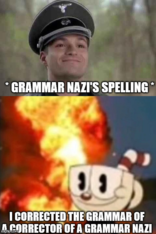 grammar nazi | * GRAMMAR NAZI'S SPELLING * I CORRECTED THE GRAMMAR OF A CORRECTOR OF A GRAMMAR NAZI | image tagged in grammar nazi | made w/ Imgflip meme maker