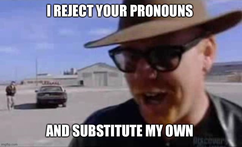 Adam Savage - I Reject Your Reality and Substitute My Own | I REJECT YOUR PRONOUNS AND SUBSTITUTE MY OWN | image tagged in adam savage - i reject your reality and substitute my own | made w/ Imgflip meme maker