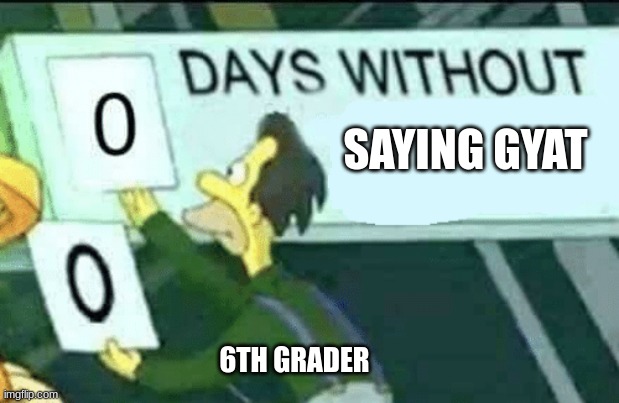 0 days without (Lenny, Simpsons) | SAYING GYAT; 6TH GRADER | image tagged in 0 days without lenny simpsons | made w/ Imgflip meme maker