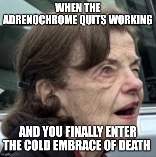 Dianne Feinstein | WHEN THE ADRENOCHROME QUITS WORKING; AND YOU FINALLY ENTER THE COLD EMBRACE OF DEATH | image tagged in dianne feinstein | made w/ Imgflip meme maker