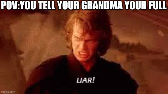 fr lol | POV:YOU TELL YOUR GRANDMA YOUR FULL | image tagged in anakin liar,lol | made w/ Imgflip meme maker