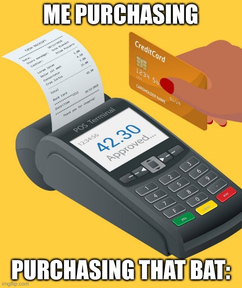 Credit card purchase | ME PURCHASING PURCHASING THAT BAT: | image tagged in credit card purchase | made w/ Imgflip meme maker