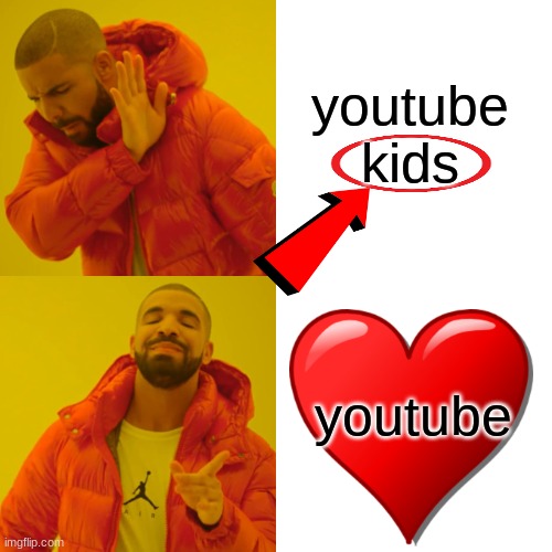 youtube | youtube kids; youtube | image tagged in memes,drake hotline bling,youtube,youtube kids | made w/ Imgflip meme maker