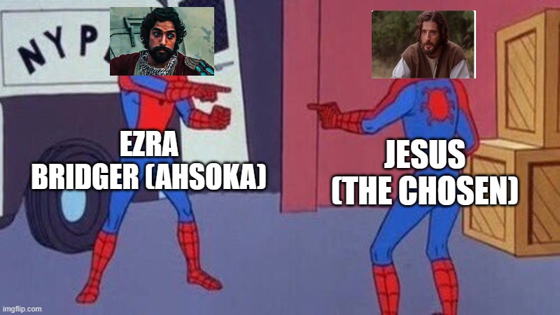 I'm not the only one who sees this, right? | EZRA BRIDGER (AHSOKA); JESUS (THE CHOSEN) | image tagged in spiderman pointing at spiderman | made w/ Imgflip meme maker