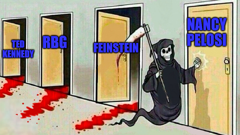 Whose Next? | NANCY PELOSI; FEINSTEIN; RBG; TED KENNEDY | image tagged in death knocking at the door | made w/ Imgflip meme maker