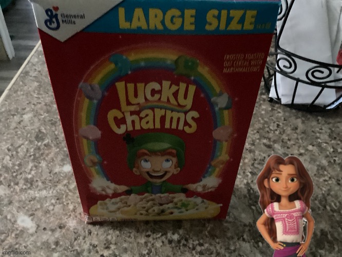Lucky Prescott is Nice Enough to Pour Herself a Bowl of Lucky Charms | image tagged in girl,lucky charms,cereal,pretty girl,horse,adorable | made w/ Imgflip meme maker
