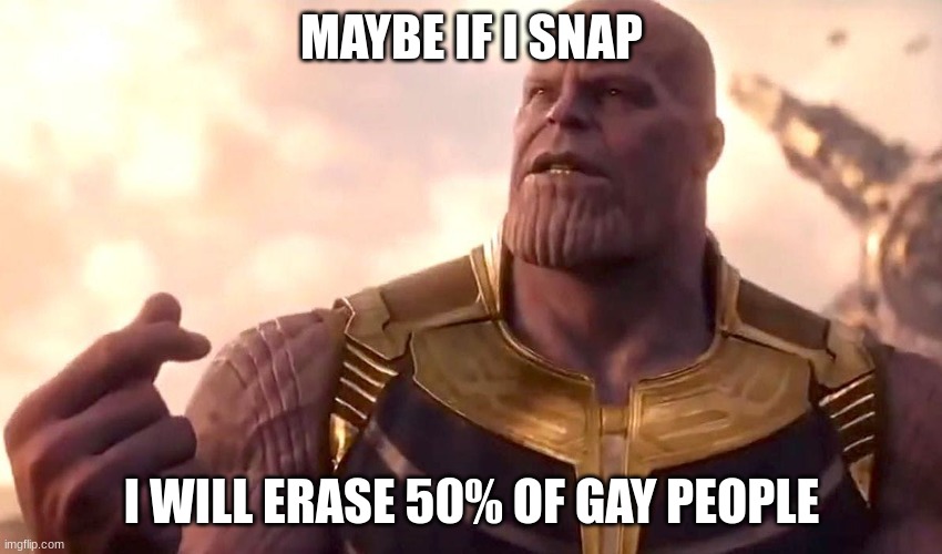 I have a friend that is lesbian. I personoly dont have a problem with gay people but I think we can all agree that this is funny | MAYBE IF I SNAP; I WILL ERASE 50% OF GAY PEOPLE | image tagged in thanos snap | made w/ Imgflip meme maker