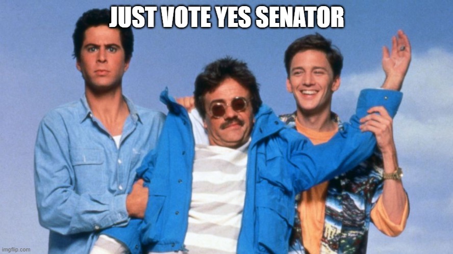 Just Vote Yes Senator | JUST VOTE YES SENATOR | image tagged in weekend at bernie's | made w/ Imgflip meme maker