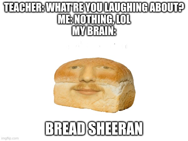 Image Title | TEACHER: WHAT'RE YOU LAUGHING ABOUT?
ME: NOTHING, LOL
MY BRAIN:; BREAD SHEERAN | image tagged in image tags | made w/ Imgflip meme maker