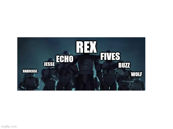 REX; ECHO; FIVES; BUZZ; JESSE; HARDCASE; WOLF | made w/ Imgflip meme maker