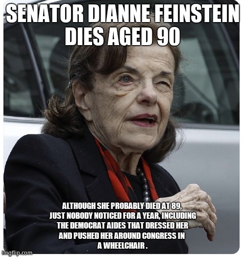 Feinstein dead | SENATOR DIANNE FEINSTEIN
DIES AGED 90; ALTHOUGH SHE PROBABLY DIED AT 89, 
JUST NOBODY NOTICED FOR A YEAR, INCLUDING
THE DEMOCRAT AIDES THAT DRESSED HER
AND PUSHED HER AROUND CONGRESS IN 
A WHEELCHAIR . | image tagged in senator diane feinstein,death,democrats,term limits,political meme | made w/ Imgflip meme maker