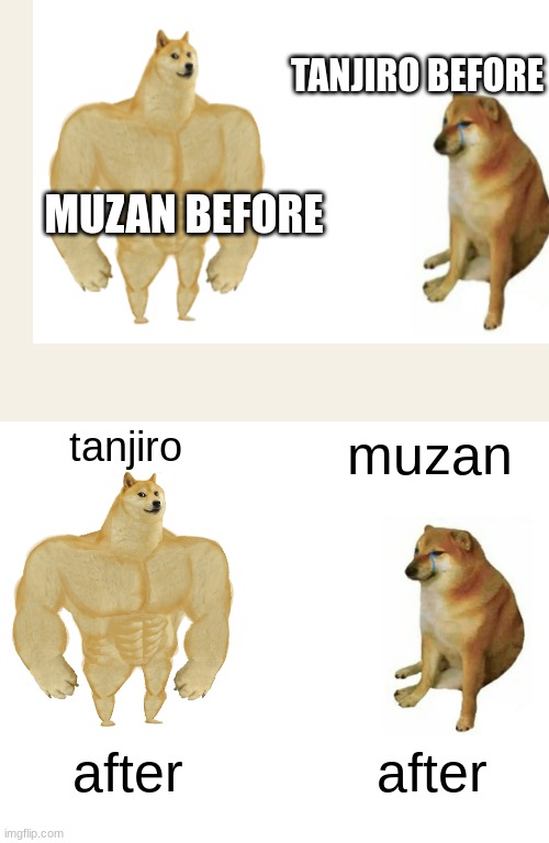 tanjiro | TANJIRO BEFORE; MUZAN BEFORE; tanjiro; muzan; after; after | image tagged in memes,buff doge vs cheems | made w/ Imgflip meme maker