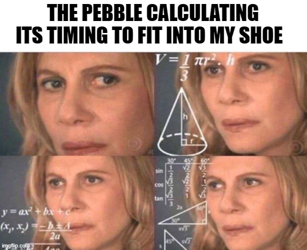 how do they get in every time? | THE PEBBLE CALCULATING ITS TIMING TO FIT INTO MY SHOE | image tagged in math lady/confused lady | made w/ Imgflip meme maker