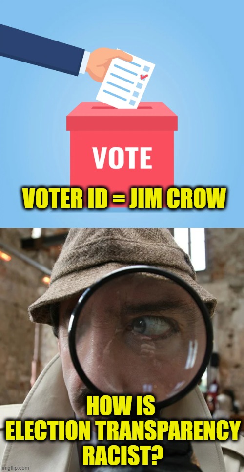 Free & fair elections | VOTER ID = JIM CROW; HOW IS 
ELECTION TRANSPARENCY
RACIST? | image tagged in election | made w/ Imgflip meme maker