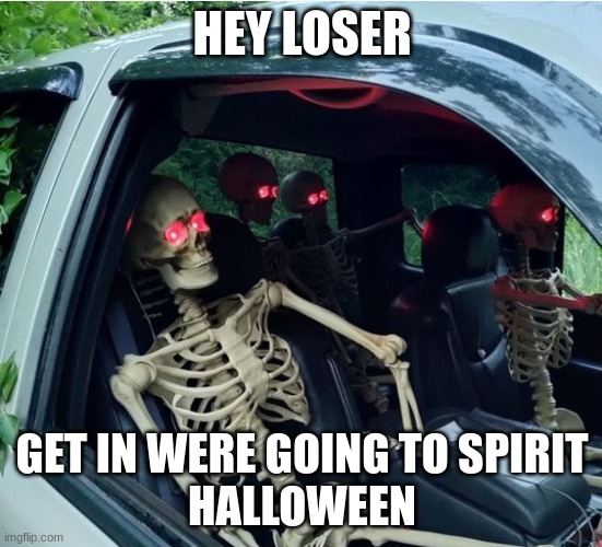 get in loser | HEY LOSER; GET IN WERE GOING TO SPIRIT
HALLOWEEN | image tagged in skeletons | made w/ Imgflip meme maker