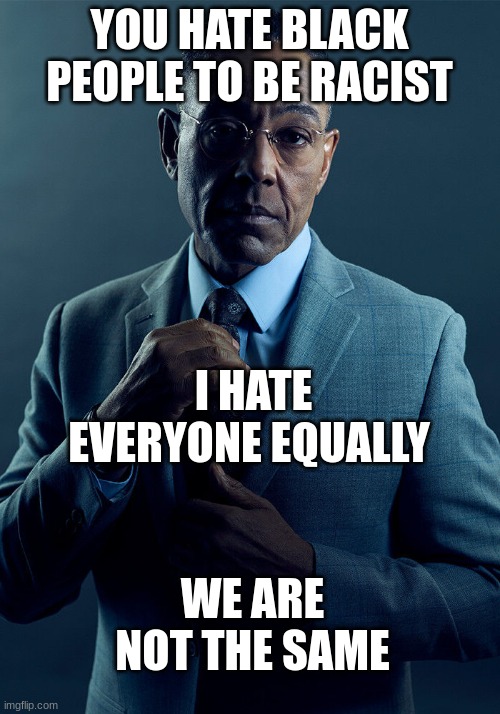 we are not the same at all I will kill the same different races anyday not one specific one | YOU HATE BLACK PEOPLE TO BE RACIST; I HATE EVERYONE EQUALLY; WE ARE NOT THE SAME | image tagged in gus fring we are not the same | made w/ Imgflip meme maker