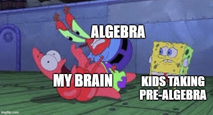 Algebruh-_- | ALGEBRA; MY BRAIN; KIDS TAKING PRE-ALGEBRA | image tagged in mr krabs choking patrick | made w/ Imgflip meme maker
