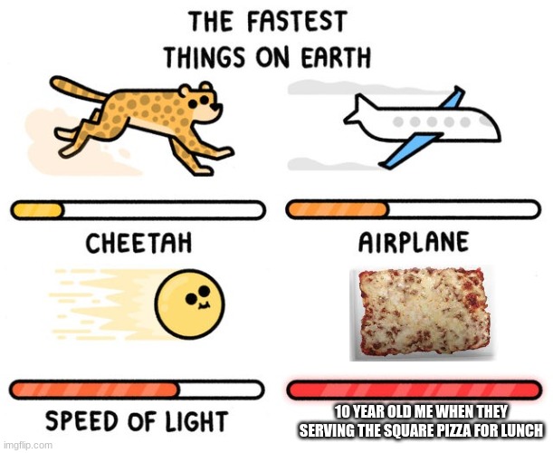 got to go fast | 10 YEAR OLD ME WHEN THEY SERVING THE SQUARE PIZZA FOR LUNCH | image tagged in fastest thing possible | made w/ Imgflip meme maker