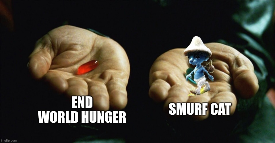 Red pill blue pill | END WORLD HUNGER; SMURF CAT | image tagged in red pill blue pill | made w/ Imgflip meme maker