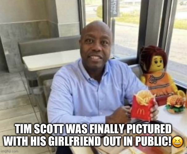 The unmarried Republican presidential candidate doesn't like talking about his new relationship very much. | TIM SCOTT WAS FINALLY PICTURED WITH HIS GIRLFRIEND OUT IN PUBLIC!😆 | image tagged in tim scott,closeted gay,fake girlfriend,token,log cabin republican,gay douchebag | made w/ Imgflip meme maker