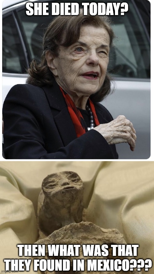Thought She Was Dead | SHE DIED TODAY? THEN WHAT WAS THAT THEY FOUND IN MEXICO??? | image tagged in senator diane feinstein,mexican alien | made w/ Imgflip meme maker